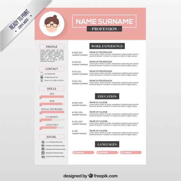 Pink Resume Template Vector Free Download