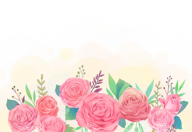 ピンクのバラとカスミソウの水彩イラスト プレミアムベクター