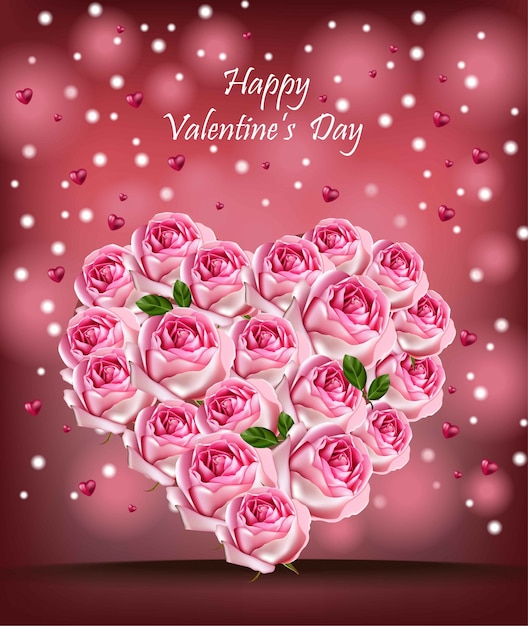 Premium Vector Pink Roses Heart Vector Realistic Happy Valentine Day Card With Flowers Decor