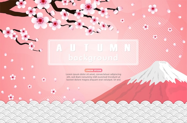 ピンクの桜と富士山のデザイン 日本のイラスト プレミアムベクター