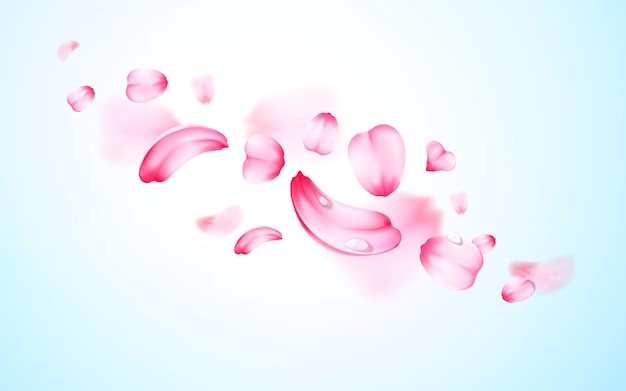 ピンクのさくらの新鮮な落ちてくる花びらに水滴を落とし 露をぼかし効果で ベクトルの背景 3dリアルな詳細なロマンチックなイラスト プレミアムベクター