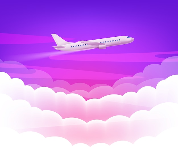 ピンクの空とかわいい白い雲の背景を持つ現代の飛行機 プレミアムベクター