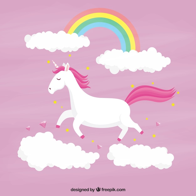 Pink Unicorn Background With Clouds And Rainbow Free Vector