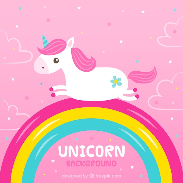 Pink Unicorn Background With Rainbow Free Vector