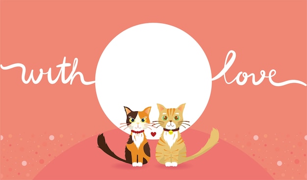 恋人と猫のカップルのピンクの壁紙 プレミアムベクター