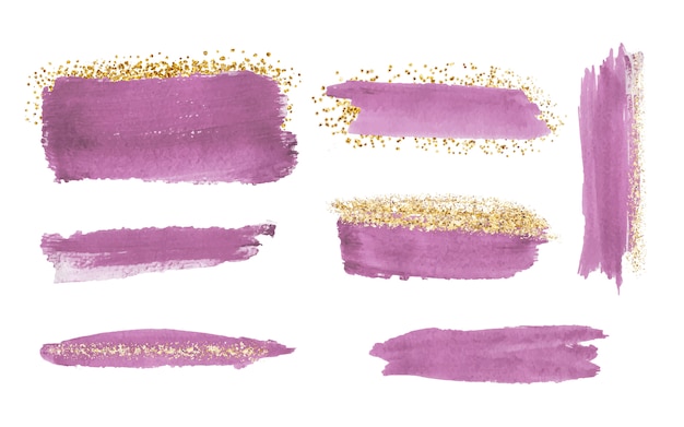 Download Pink watercolor brush stroke with gold glitter texture, confetti. | Premium Vector