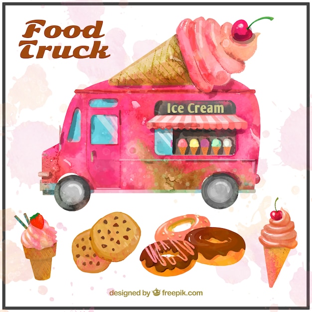 Pink watercolor ice-cream food truck