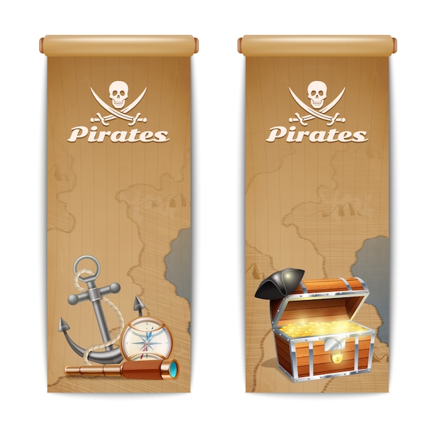 Pirate banner set with retro treasure hunt\
symbols isolated