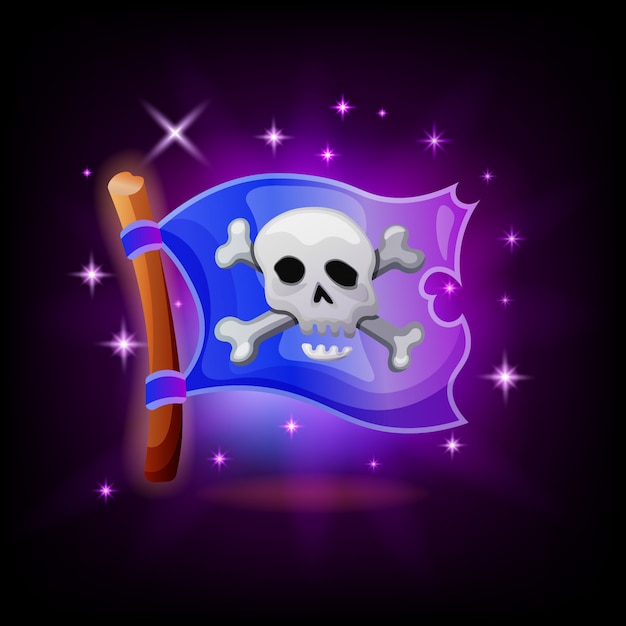 暗い背景に輝く海賊旗ビデオゲームアイコン ジョリーロジャーモバイルアプリケーションuiイラスト 漫画のスタイル プレミアムベクター
