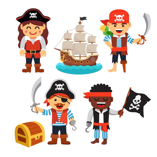 Free Vector Pirate Kids Set Treasure Chest Black Flag Ship