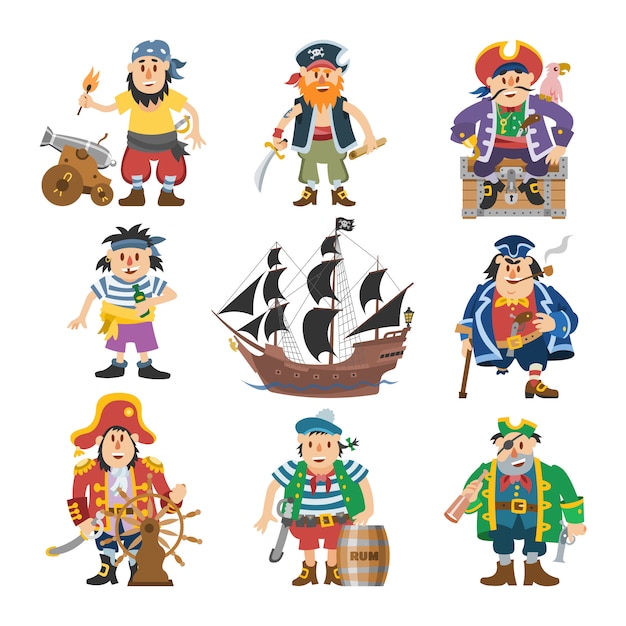 海賊海賊船員と船または白い背景の上のヨットの剣イラストセットと帽子の海賊コスチュームの海賊海賊キャラクター海賊 プレミアムベクター