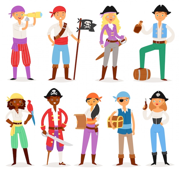海賊海賊キャラクター海賊男または女の白い背景の上の宝箱と海賊船員の剣イラストセットと帽子の海賊衣装 プレミアムベクター