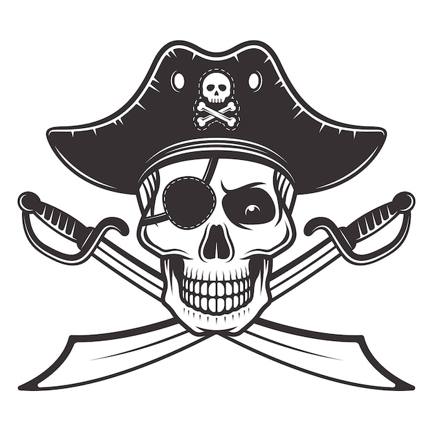 2つの交差したサーベルのイラストと帽子と眼帯の海賊の頭蓋骨 プレミアムベクター