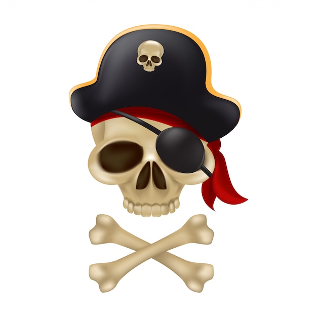船長の帽子にクロスボーンが入った海賊の頭蓋骨 3dサインまたは海賊のエンブレム 赤いバンダナと白い背景に分離された黒の目隠しとジョリーロジャーの面白い イラスト プレミアムベクター