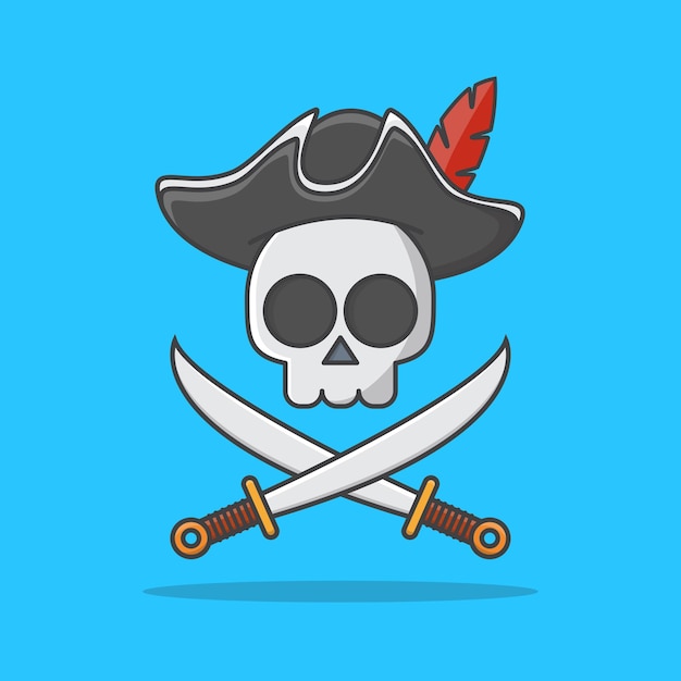 帽子と交差した剣のアイコンイラストと海賊の頭蓋骨 海賊エンブレム プレミアムベクター