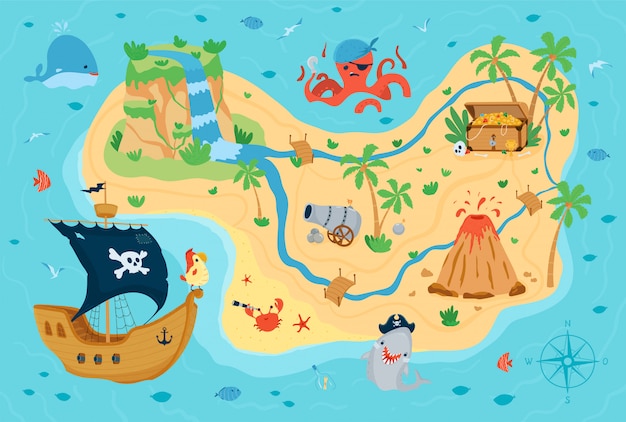 漫画のスタイルの子供のための海賊の宝の地図 子供部屋のデザインのかわいいコンセプトです プレミアムベクター