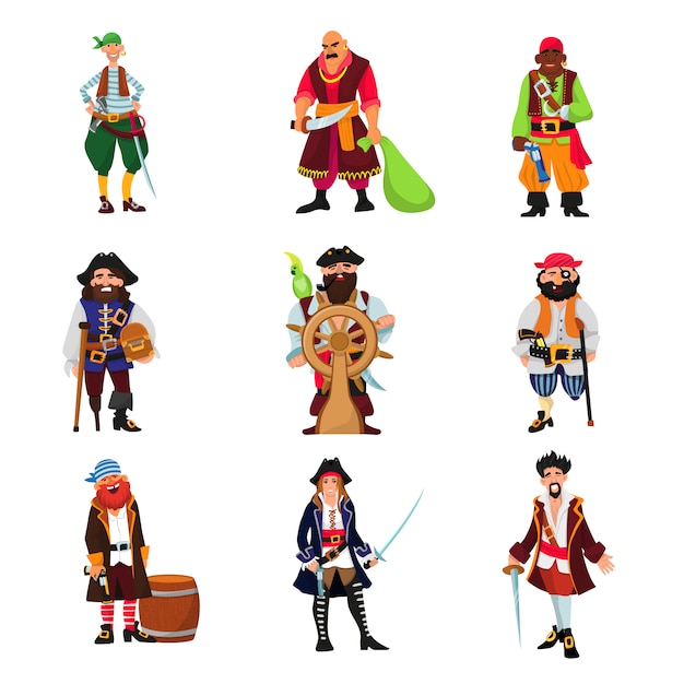 剣イラストセットと帽子の海賊コスチュームの海賊ベクトル海賊キャラクター海賊 プレミアムベクター