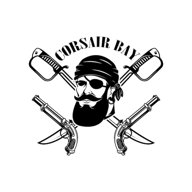 海賊 剣と海賊の頭のエンブレムテンプレート ロゴ ラベル エンブレム 記号の要素 図 プレミアムベクター