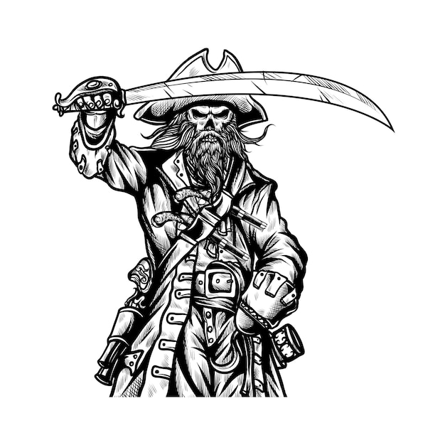 剣のイラストを保持している海賊 プレミアムベクター