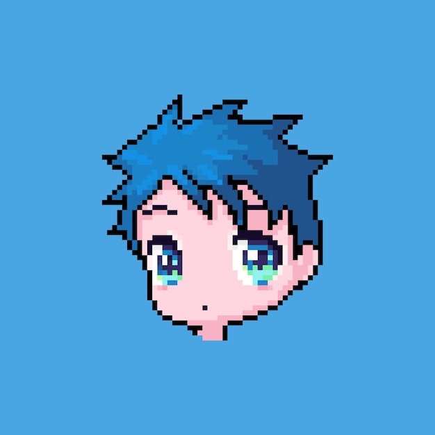 青い髪のレトロなピクセルアートの子供のキャラクターを持つピクセルアニメの少年 プレミアムベクター