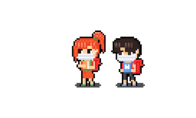 Pixel art boy and girl student character wearing masks. | Premium ...