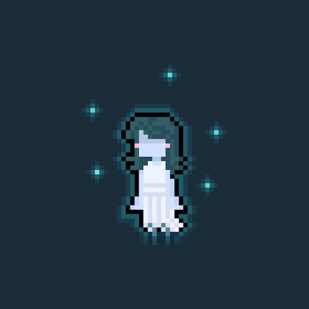 Premium Vector Pixel Art Cartoon Cute Ghost Girl With 5 Blue Spirit