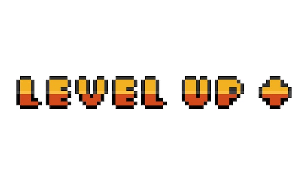 Premium Vector | Pixel art cartoon gold level up text with plus sign.