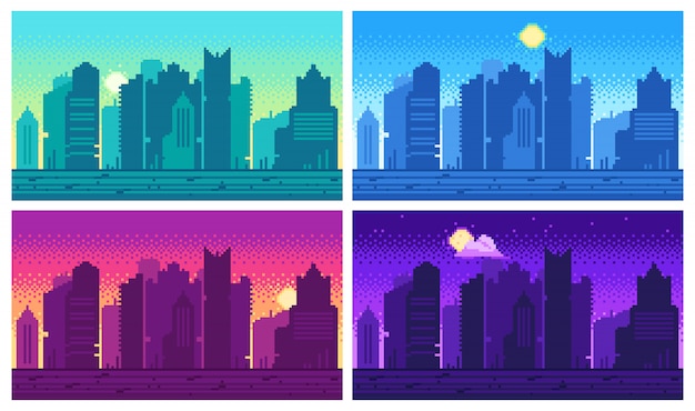 Premium Vector Pixel Art Cityscape Town Street 8 Bit City Landscape Night And Daytime Urban Arcade Game Location