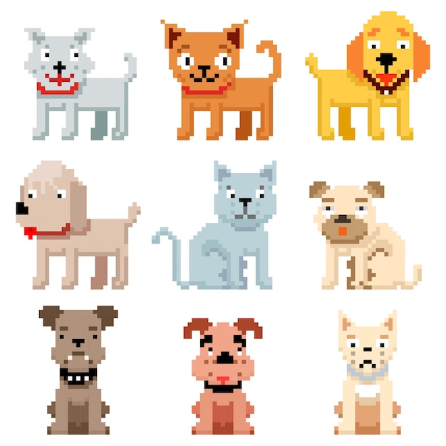 Free Vector | Pixel art pets icons. 8 bit dogs and cats. pets cat and ...