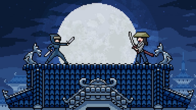 Premium Vector | Pixel art scene ninja samurai classic fight
