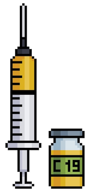 白い背景の上のビットゲームのためのピクセルアートワクチンcovid注射器とアンプルアイコン プレミアムベクター