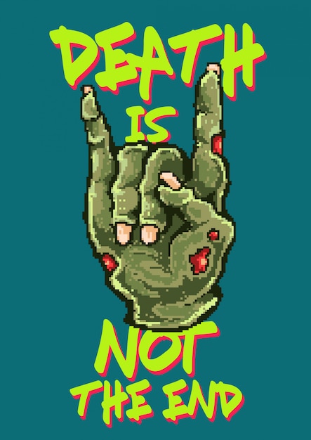 Pixel art vector illustration of dead zombie hand with metal symbol finger. made with 80s video game colors style. Premium Vector