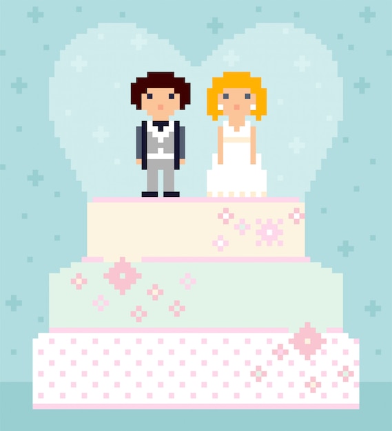 プレミアムベクター 上のカップルとピクセルアートのウェディングケーキ かわいいキャラクター 新郎新婦 背景の心 8ビットの図