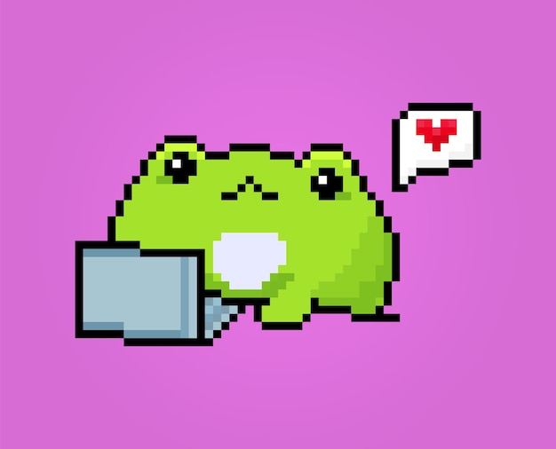 Premium Vector | Pixel cute little frog with laptop