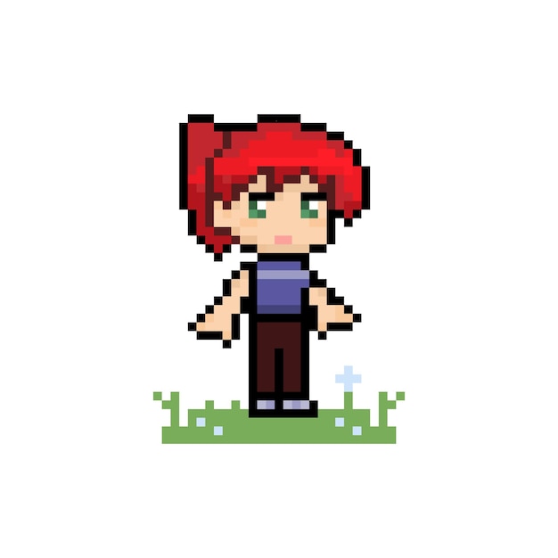 赤い髪の草アニメかわいいキャラクターのピクセルスポーツの女の子 プレミアムベクター