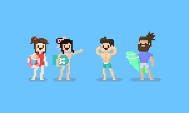 Pixel summer beach character set. 8bit. Premium Vector