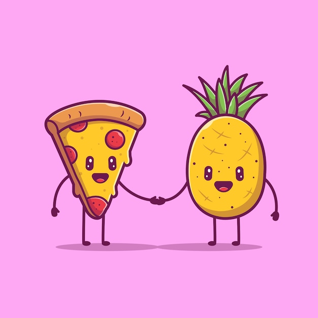 ピザとパイナップルのかわいいキャラクターアイコンイラスト 愛カップル食品マスコット 分離された食品アイコンコンセプト プレミアムベクター