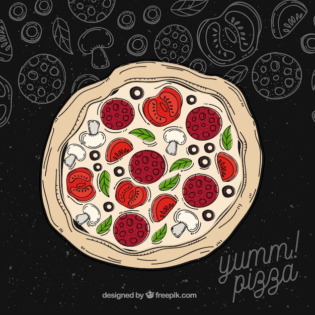 Pizza background with hand drawn\
ingredients