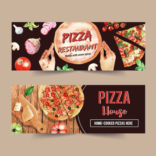 チーズ ピザ マッシュルーム バジルの水彩イラストのピザバナーデザイン プレミアムベクター