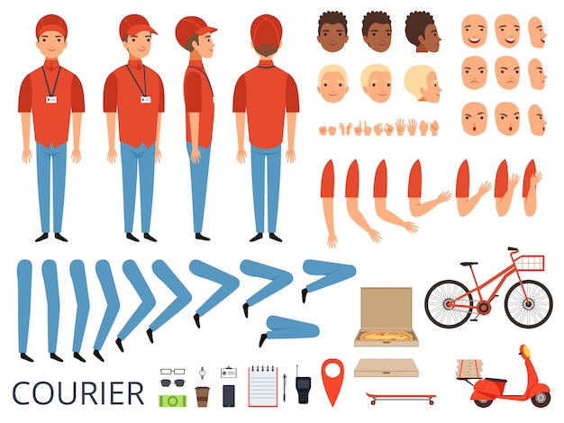 Pizza delivery animation. fast food courier body parts with professional items box bike  character c