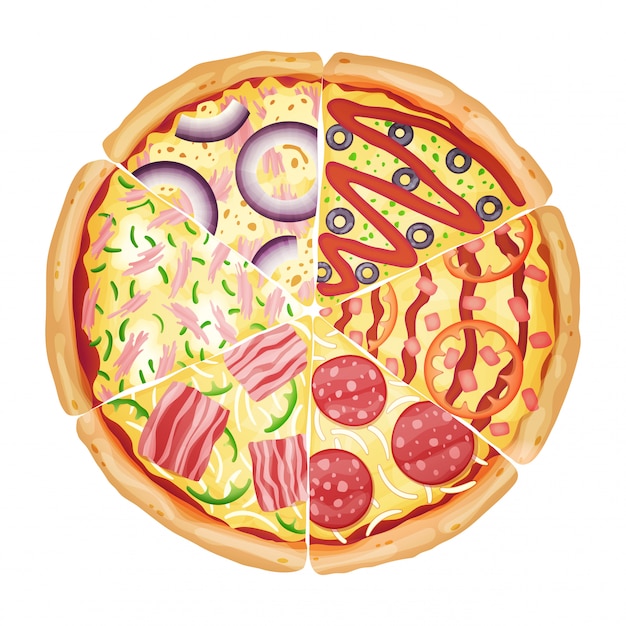 Pizza from different slices top view isolated on white photo-realistic vector illustration. Premium 