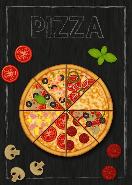Premium Vector Pizza And Ingredients For Pizza On Wood Black Background Pizza Menu Flyer Object For Packaging Advertisements Menu