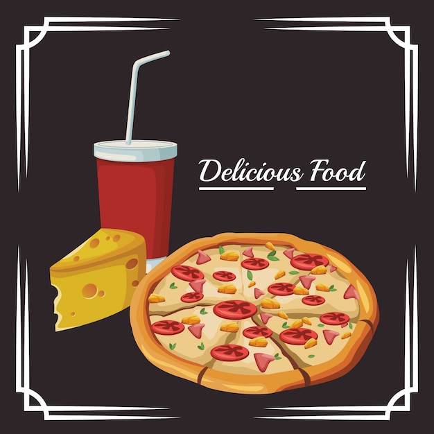 Pizza and piece of cheese and soft drink cup Premium Vector