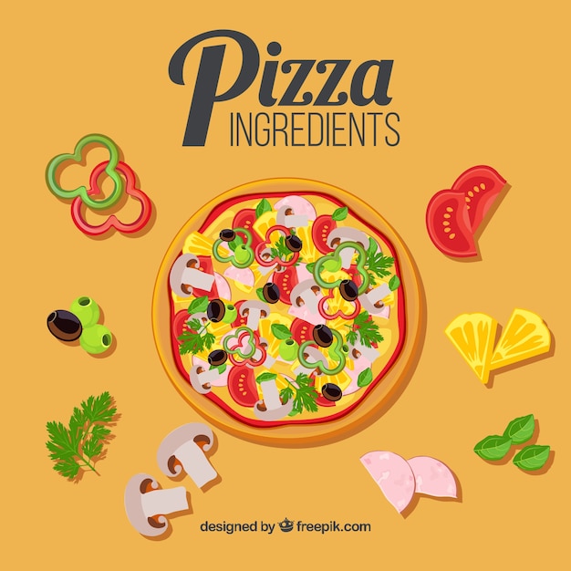 Pizza with ingredients around