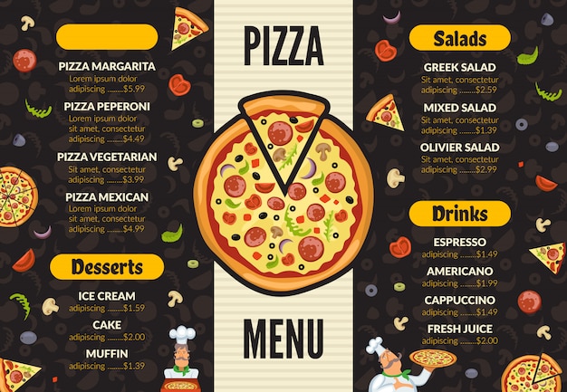 Premium Vector Pizzeria Menu Template Italian Kitchen Cuisine Food Pizza Ingredients Cooking Lunch And Desserts Background