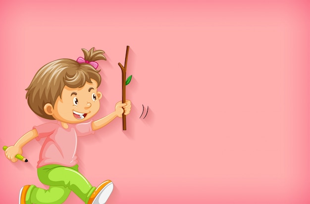  Plain  background  with happy girl with a wooden stick  