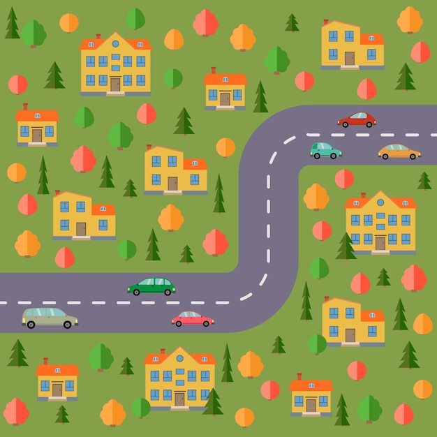 Premium Vector | Plan of village. landscape with the road, forest, cars ...