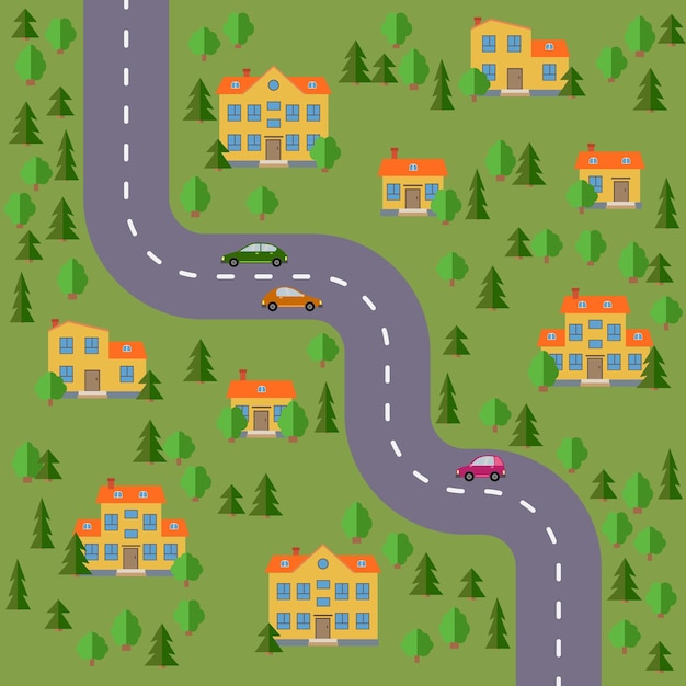 Premium Vector | Plan of village. landscape with the road, forest, cars ...