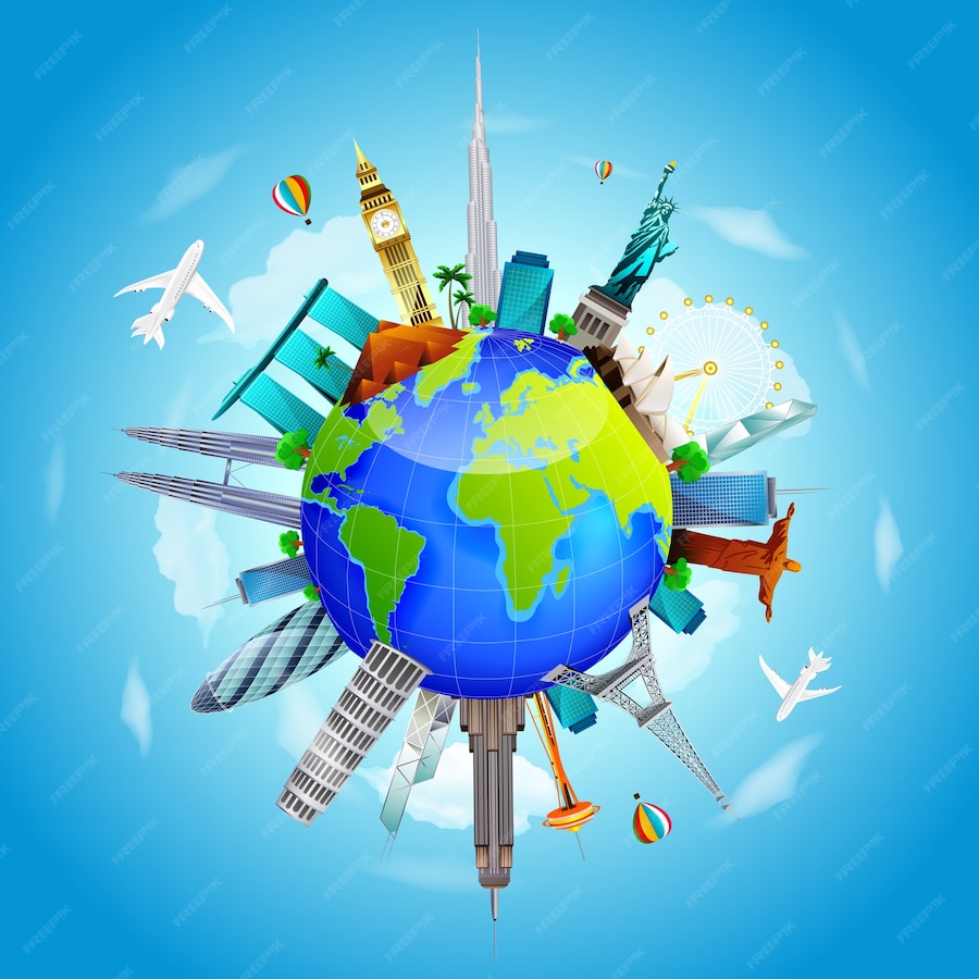 Premium Vector | Planet earth travel the world concept on blue sky ...