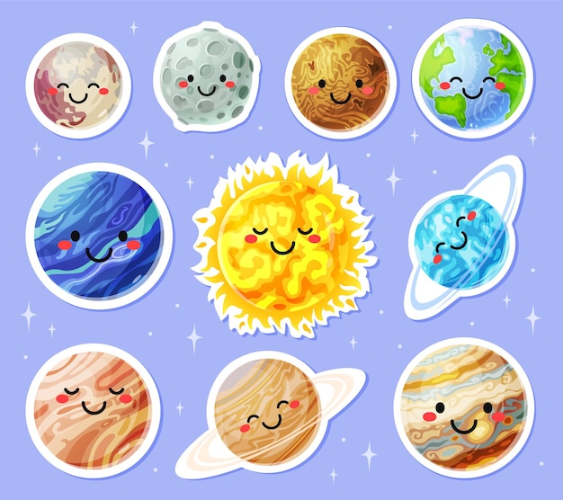 Premium Vector | Planet Stickers Cartoon Planets With Cute Faces Sun